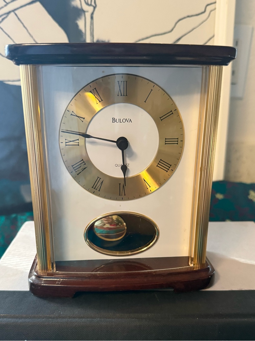 Vintage Bulova Clock. Black Gold & White Metal & Brass Accents. Quartz. 7" Tall